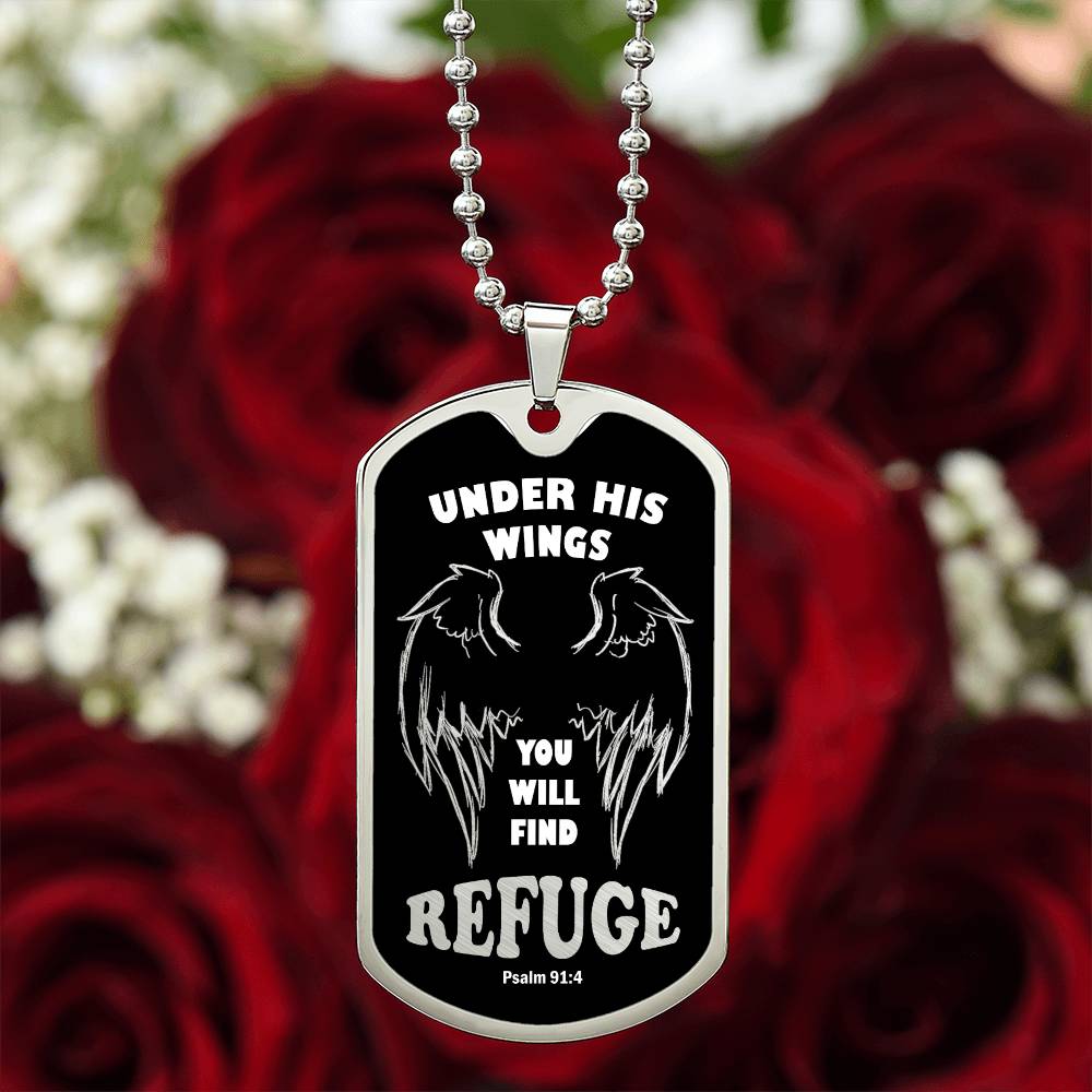 Psalm 91 Refuge Under His Wings Necklace Dog Tag Stainless Steel or 18k Gold w 24" Chain-Express Your Love Gifts
