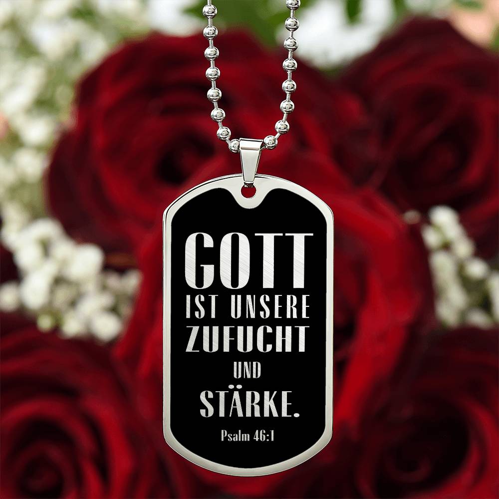 Psalm 4:610 God is Our Refuge and Strength German Premium Stainless Steel or 18k Gold Dog Tag Necklace with 24" Chain