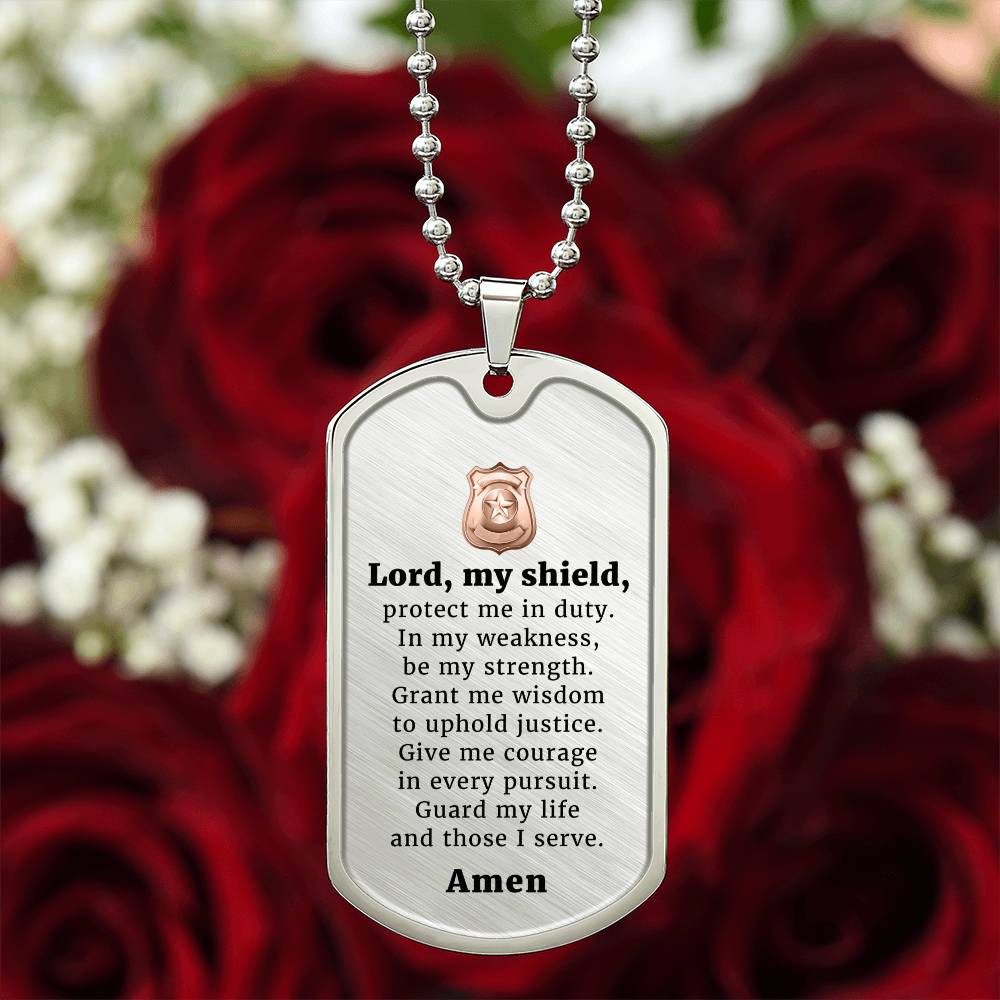 Police Prayer Badge Premium Stainless Steel or 18k Gold Dog Tag Necklace with 24" Chain