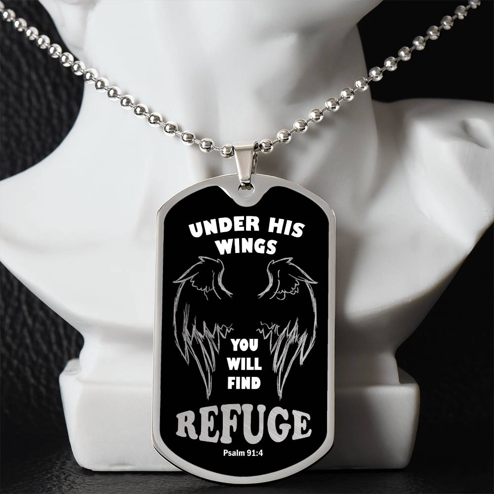 Psalm 91 Refuge Under His Wings Necklace Dog Tag Stainless Steel or 18k Gold w 24" Chain-Express Your Love Gifts