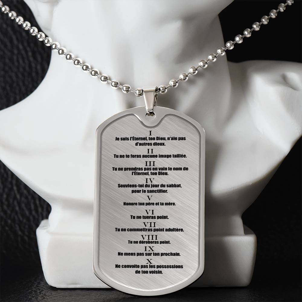 Ten Commandments French Dix Commandements Necklace Dog Tag Stainless Steel or 18k Gold w 24" Chain-Express Your Love Gifts