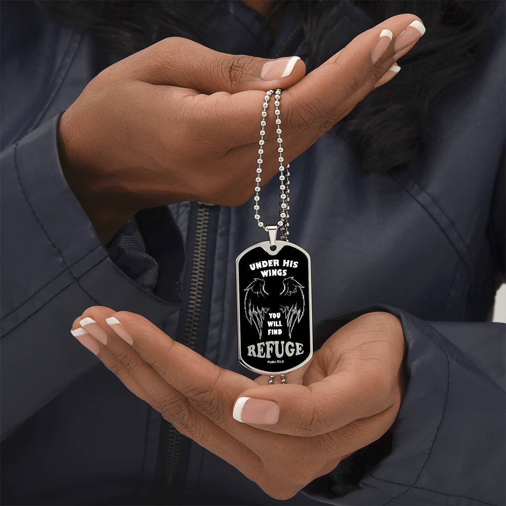 Psalm 91 Refuge Under His Wings Necklace Dog Tag Stainless Steel or 18k Gold w 24" Chain-Express Your Love Gifts