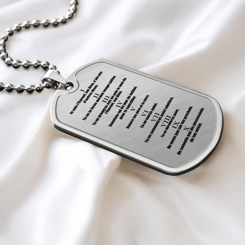 Ten Commandments French Dix Commandements Necklace Dog Tag Stainless Steel or 18k Gold w 24" Chain-Express Your Love Gifts