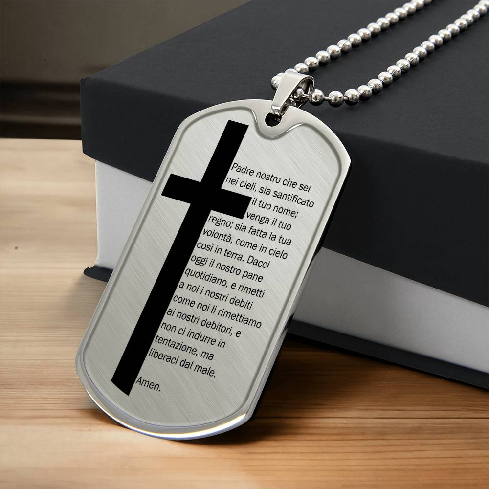 Lord's Prayer Italian Padre Nostro Necklace Dog Tag Stainless Steel or 18k Gold w 24" Chain-Express Your Love Gifts