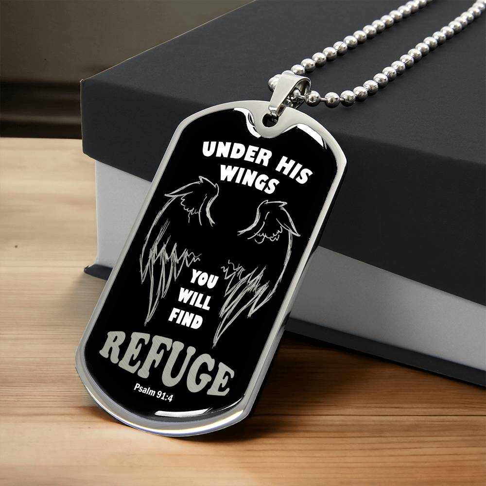 Psalm 91 Refuge Under His Wings Necklace Dog Tag Stainless Steel or 18k Gold w 24" Chain-Express Your Love Gifts