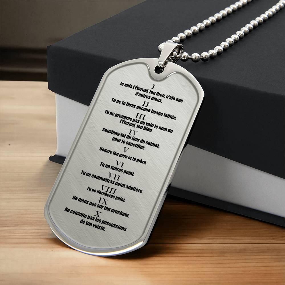Ten Commandments French Dix Commandements Necklace Dog Tag Stainless Steel or 18k Gold w 24" Chain-Express Your Love Gifts