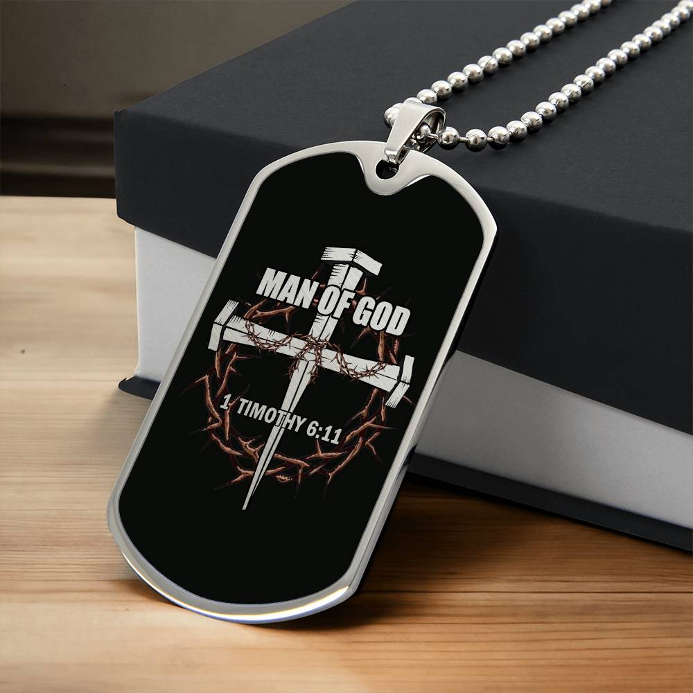 Man of God Cross Timothy Necklace Dog Tag Stainless Steel or 18k Gold w 24" Chain-Express Your Love Gifts