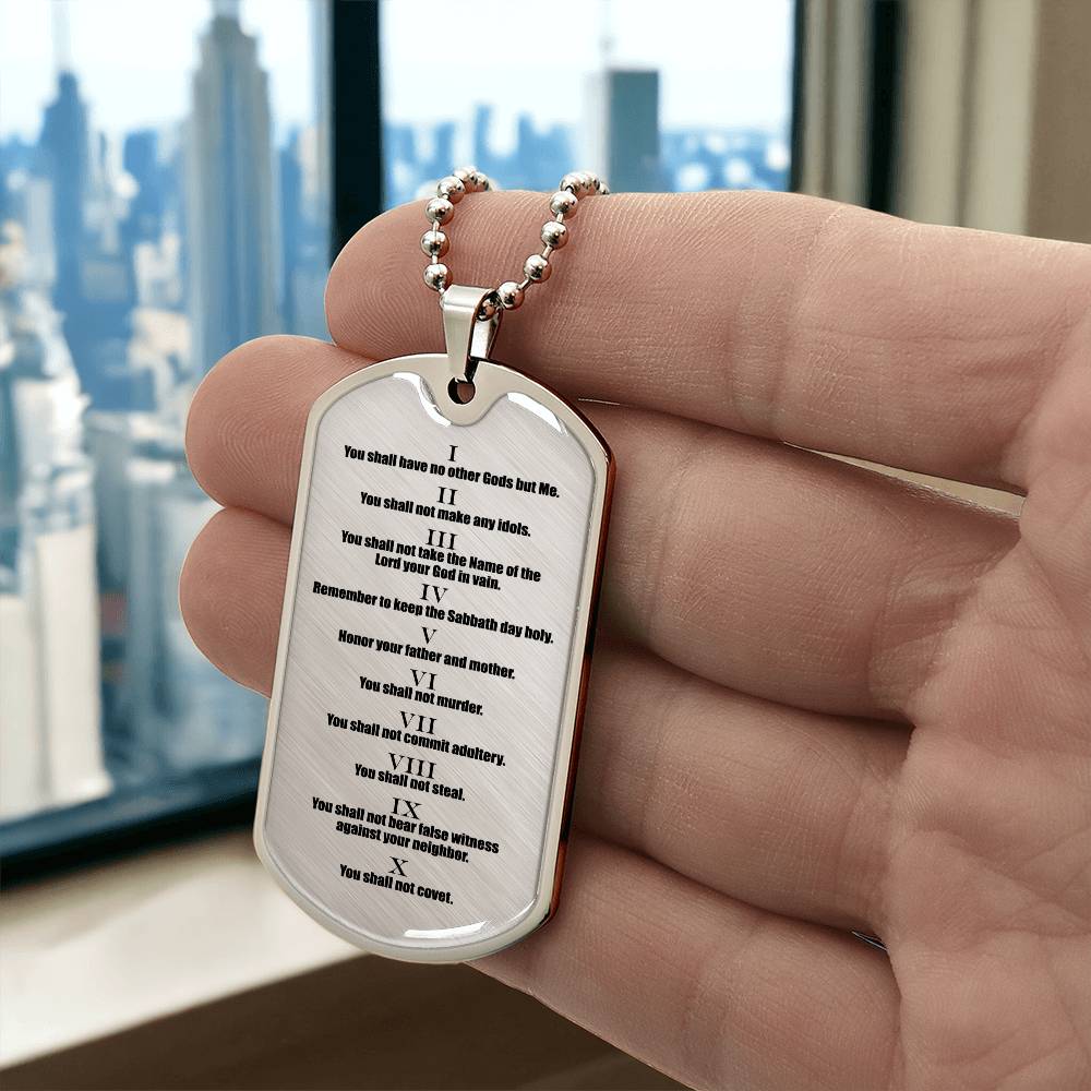 Ten Commandments English Clear Premium Stainless Steel or 18k Gold Dog Tag Necklace with 24" Chain