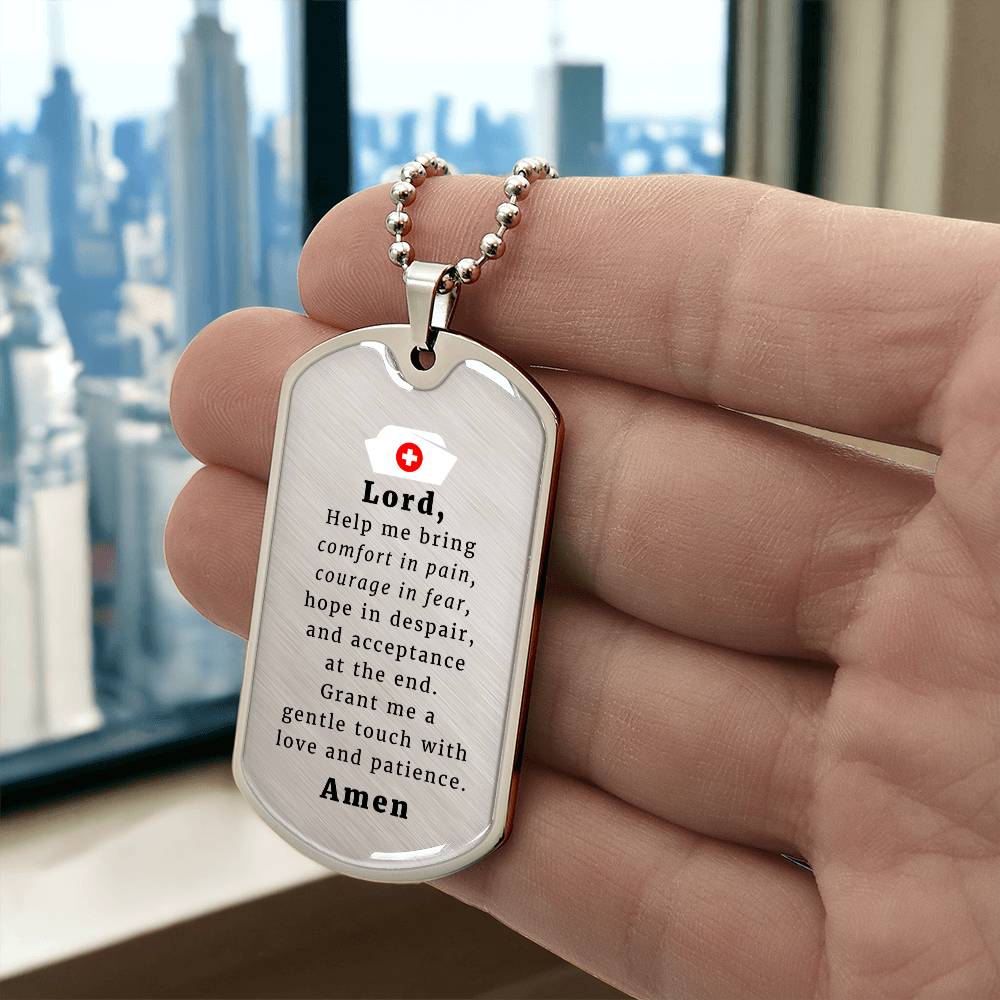 Nurse's Prayer Premium Stainless Steel or 18k Gold Dog Tag Necklace with 24" Chain