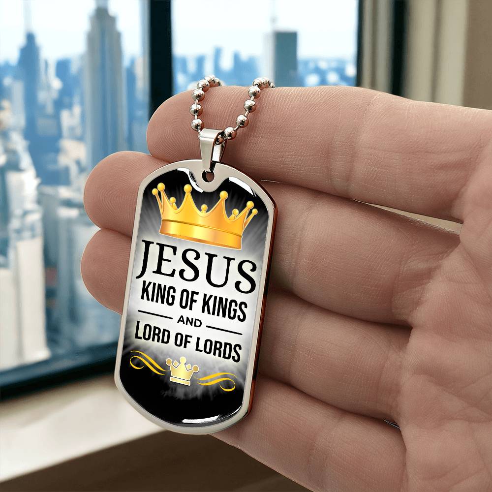 Jesus King Of Kings Premium Stainless Steel or 18k Gold Dog Tag Necklace with 24" Chain