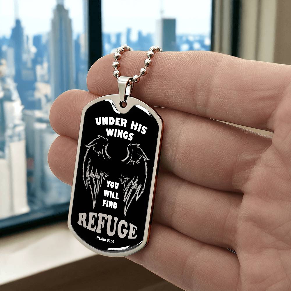 Psalm 91 Refuge Under His Wings Necklace Dog Tag Stainless Steel or 18k Gold w 24" Chain-Express Your Love Gifts