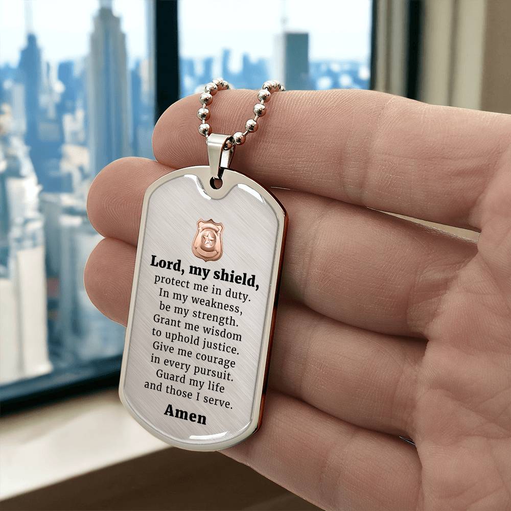 Police Prayer Badge Premium Stainless Steel or 18k Gold Dog Tag Necklace with 24" Chain