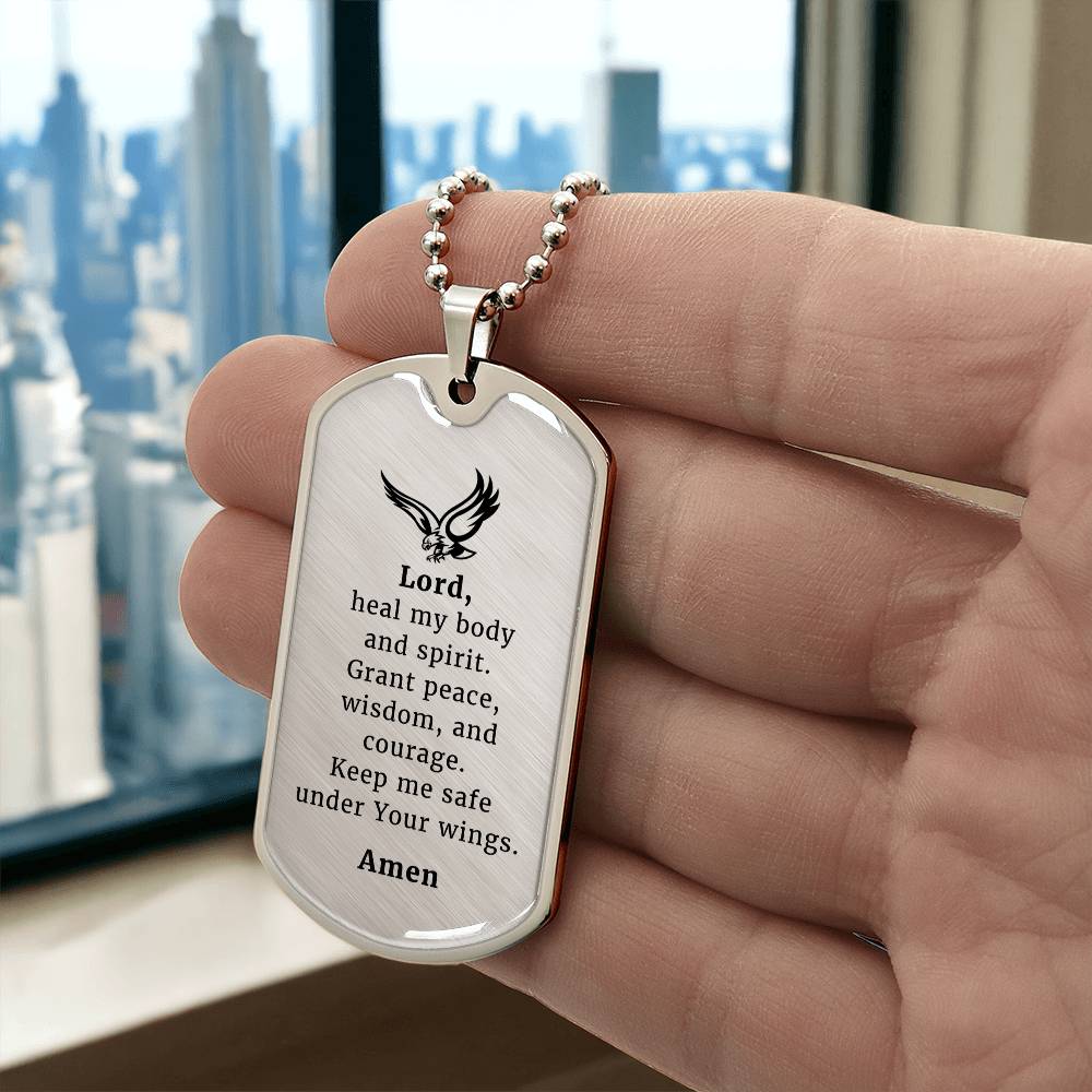 Veteran's Prayer Premium Stainless Steel or 18k Gold Dog Tag Necklace with 24" Chain