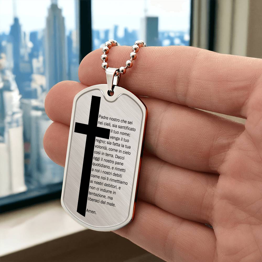 Lord's Prayer Italian Padre Nostro Necklace Dog Tag Stainless Steel or 18k Gold w 24" Chain-Express Your Love Gifts