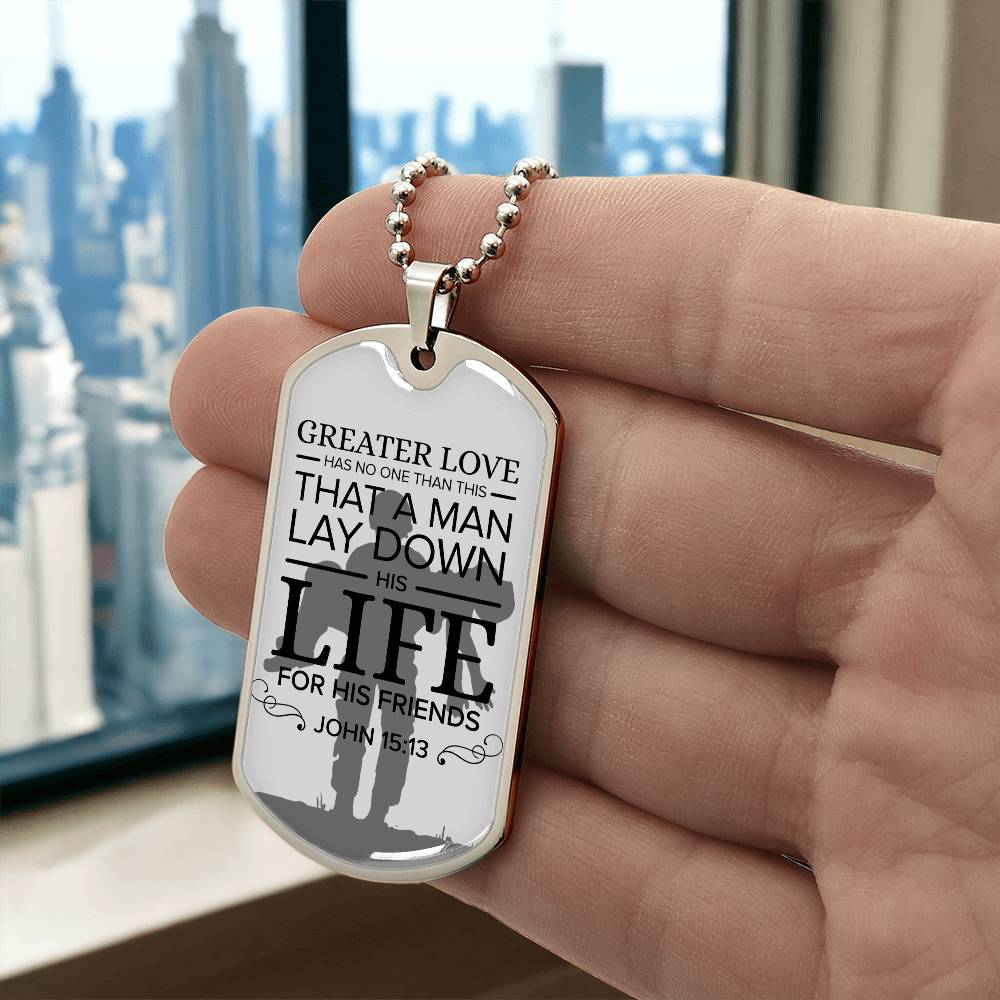 No Greater Love Soldier Premium Stainless Steel or 18k Gold Dog Tag Necklace with 24" Chain