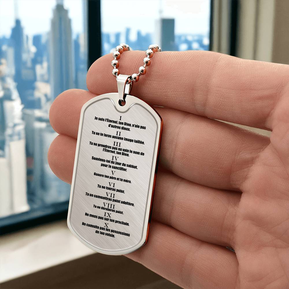Ten Commandments French Dix Commandements Necklace Dog Tag Stainless Steel or 18k Gold w 24" Chain-Express Your Love Gifts