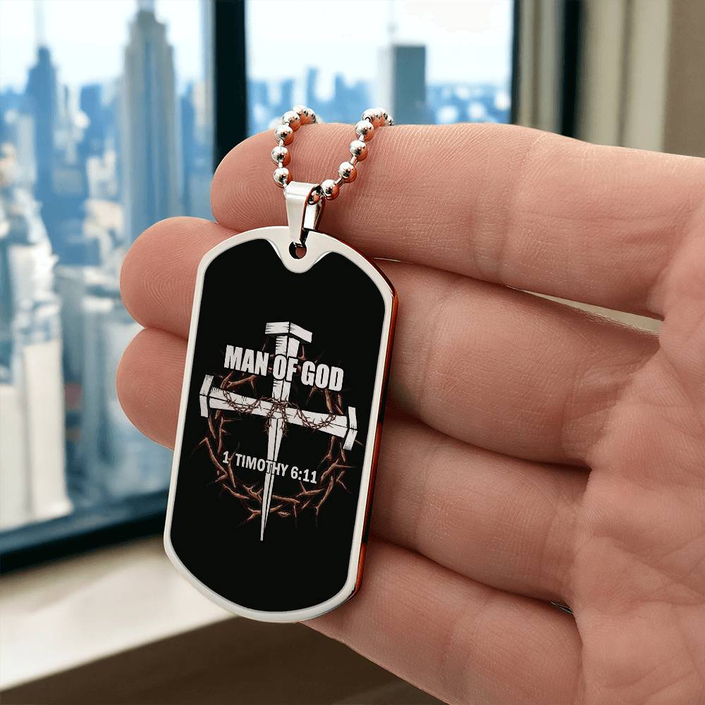 Man of God Cross Timothy Necklace Dog Tag Stainless Steel or 18k Gold w 24" Chain-Express Your Love Gifts