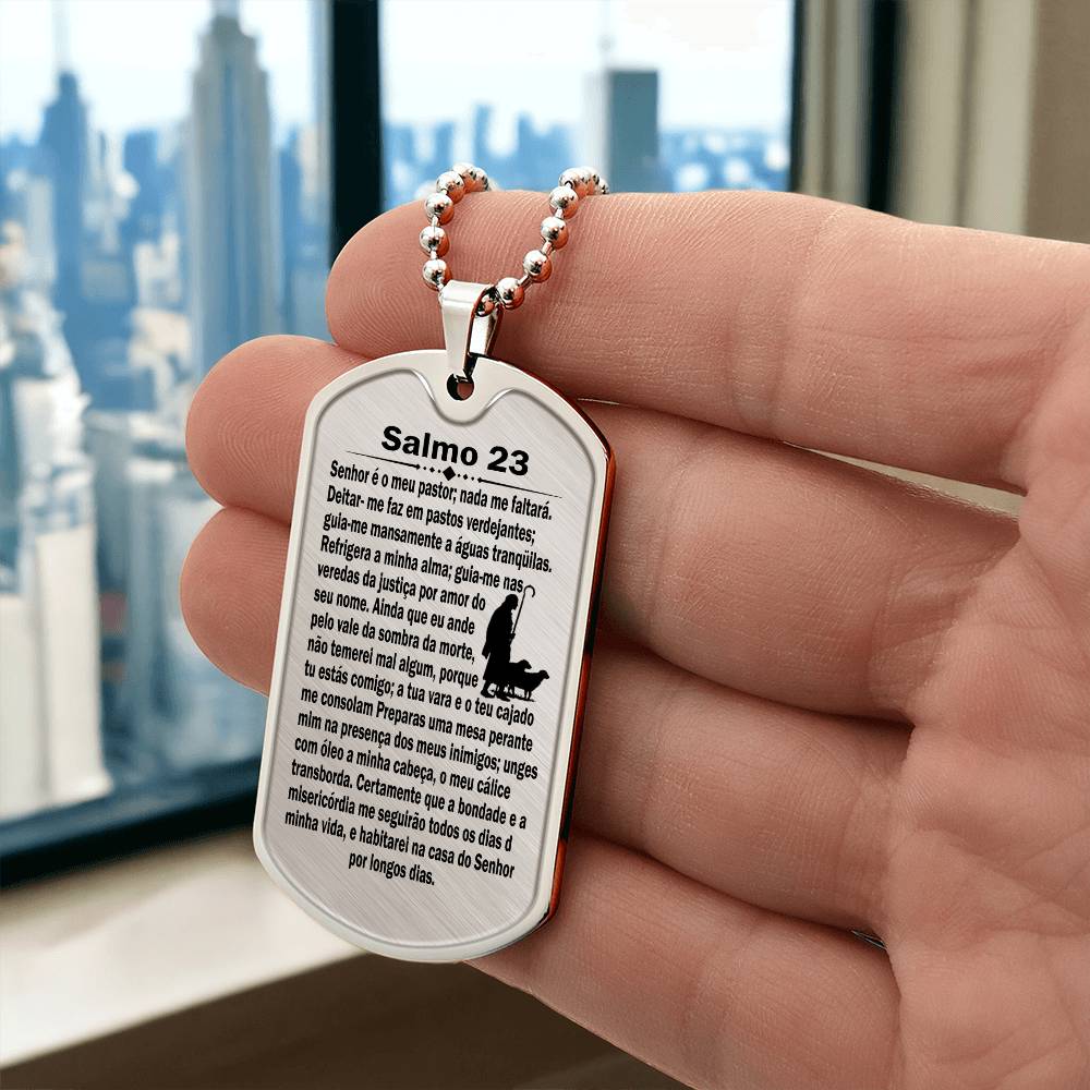Psalm 23 Portuguese Salmo 23 Necklace Dog Tag Stainless Steel or 18k Gold w 24" Chain-Express Your Love Gifts