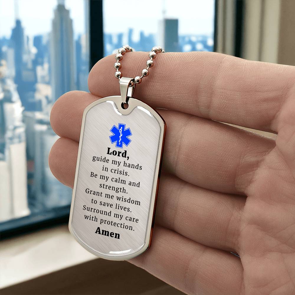 EMT Prayer Premium Stainless Steel or 18k Gold Dog Tag Necklace with 24" Chain