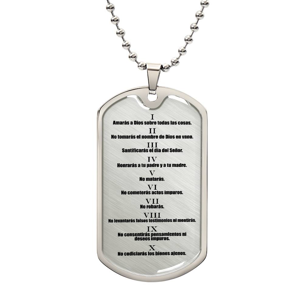 10 Commandments Spanish Clear Premium Stainless Steel or 18k Gold-Plated Dog Tag Necklace with 24" Chain