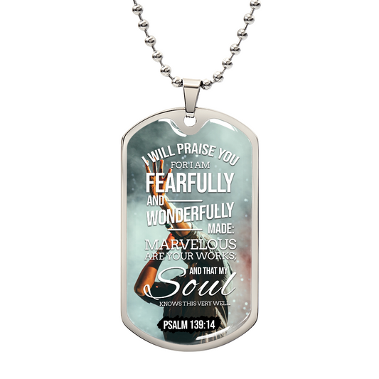 Wonderfully Made Bible Psalm Necklace Stainless Steel or 18k Gold Dog Tag w 24" Chain