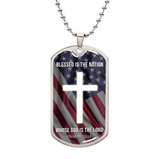 Bible Verse Necklace Blessed Nation Stainless Steel or 18k Gold Dog Tag w 24" Chain