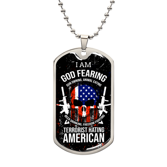 Skull of Freedom Patriot Necklace Stainless Steel or 18k Gold Dog Tag 24" Chain