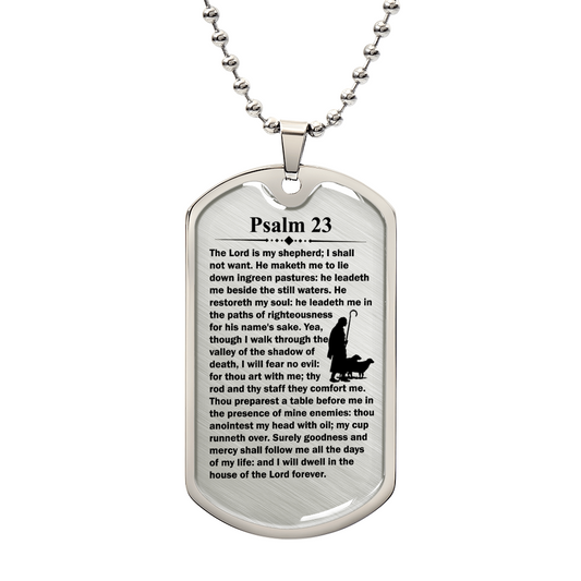 Psalm 23 English Premium Stainless Steel or 18k Gold Dog Tag Necklace with 24" Chain