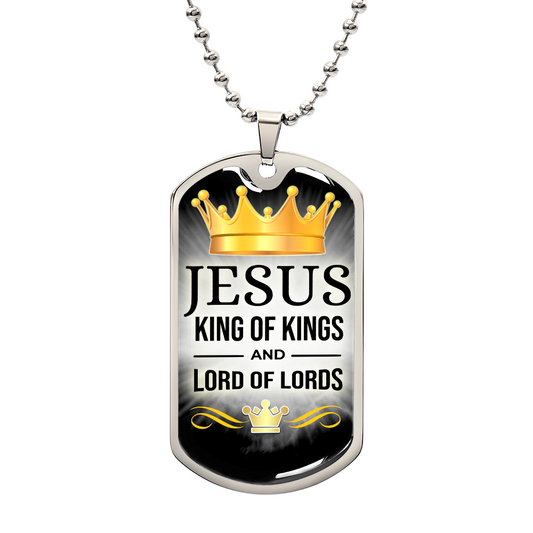 Jesus King Of Kings Premium Stainless Steel or 18k Gold Dog Tag Necklace with 24" Chain