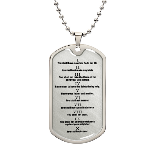 Ten Commandments English Clear Premium Stainless Steel or 18k Gold Dog Tag Necklace with 24" Chain