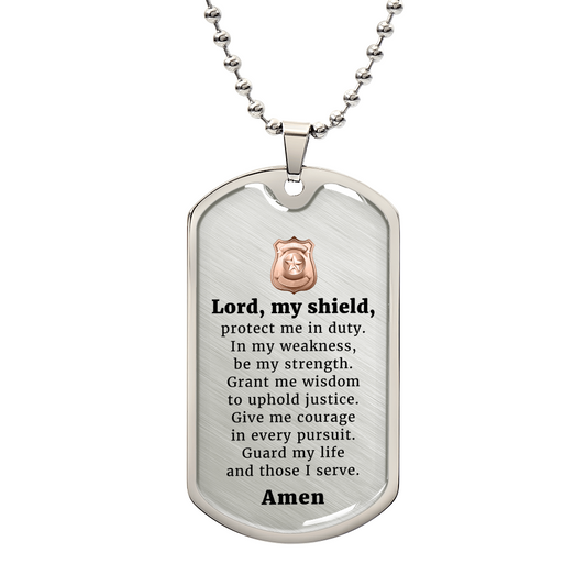 Police Prayer Badge Premium Stainless Steel or 18k Gold Dog Tag Necklace with 24" Chain
