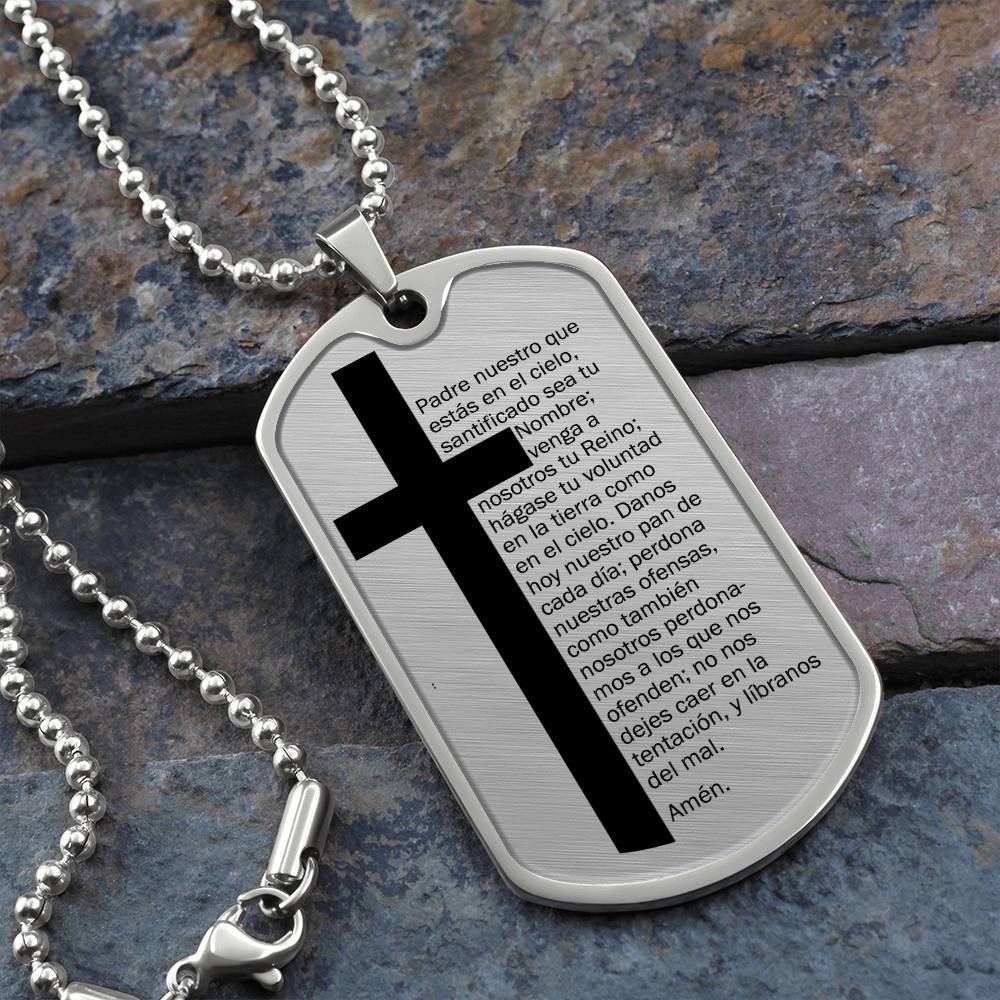 Lords Prayer Spanish Padre Nuestro Necklace Dog Tag Stainless Steel or 18k Gold w 24" Chain-Express Your Love Gifts