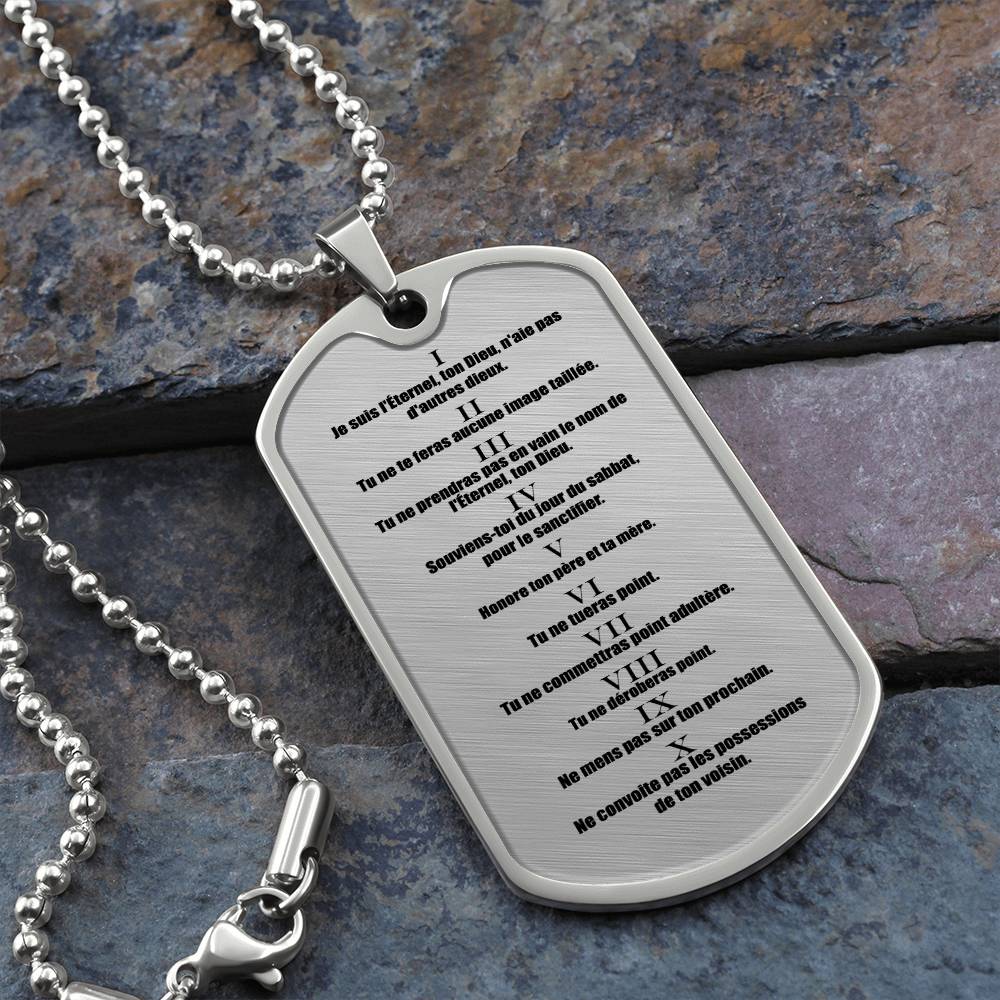 Ten Commandments French Dix Commandements Necklace Dog Tag Stainless Steel or 18k Gold w 24" Chain-Express Your Love Gifts
