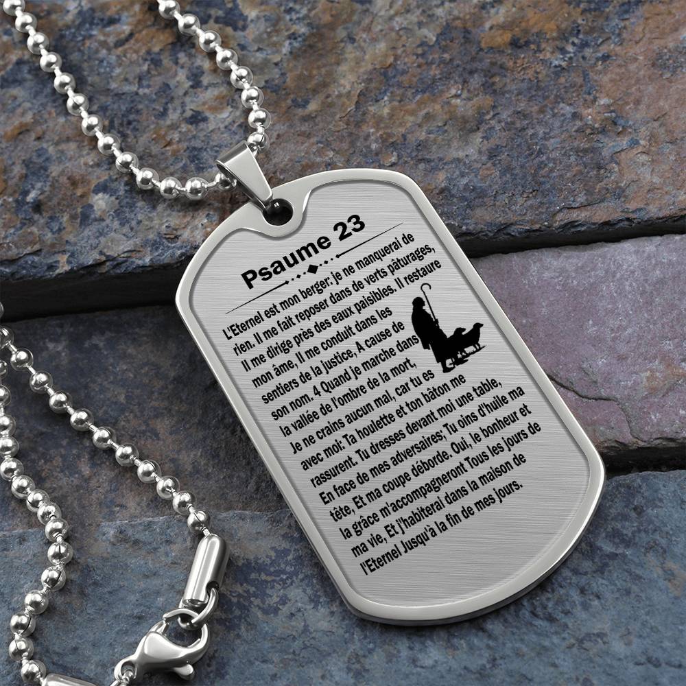 Psalm 23 French Psaume 23 Necklace Dog Tag Stainless Steel or 18k Gold w 24" Chain-Express Your Love Gifts
