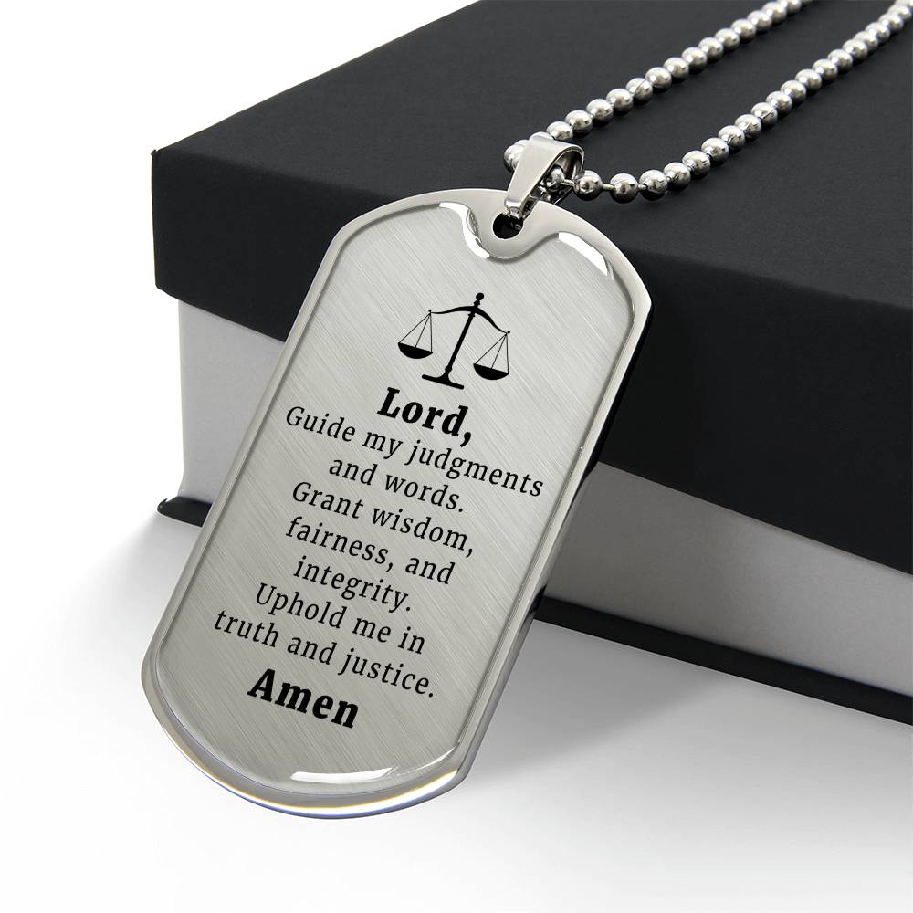 Judge and Lawyer's Prayer Premium Stainless Steel or 18k Gold Dog Tag Necklace with 24" Chain