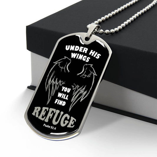 Psalm 91 Refuge Under His Wings Necklace Dog Tag Stainless Steel or 18k Gold w 24" Chain-Express Your Love Gifts