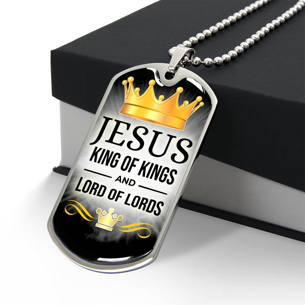 Jesus King Of Kings Premium Stainless Steel or 18k Gold Dog Tag Necklace with 24" Chain