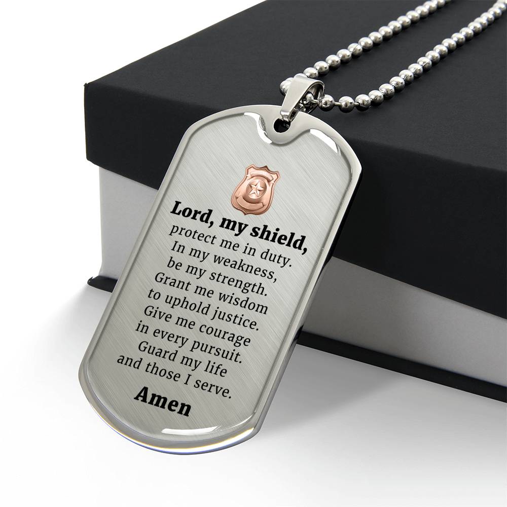 Police Prayer Badge Premium Stainless Steel or 18k Gold Dog Tag Necklace with 24" Chain