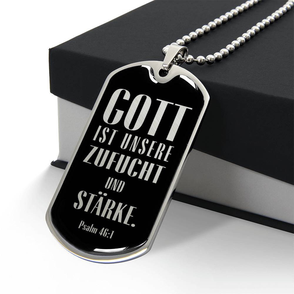 Psalm 4:610 God is Our Refuge and Strength German Premium Stainless Steel or 18k Gold Dog Tag Necklace with 24" Chain