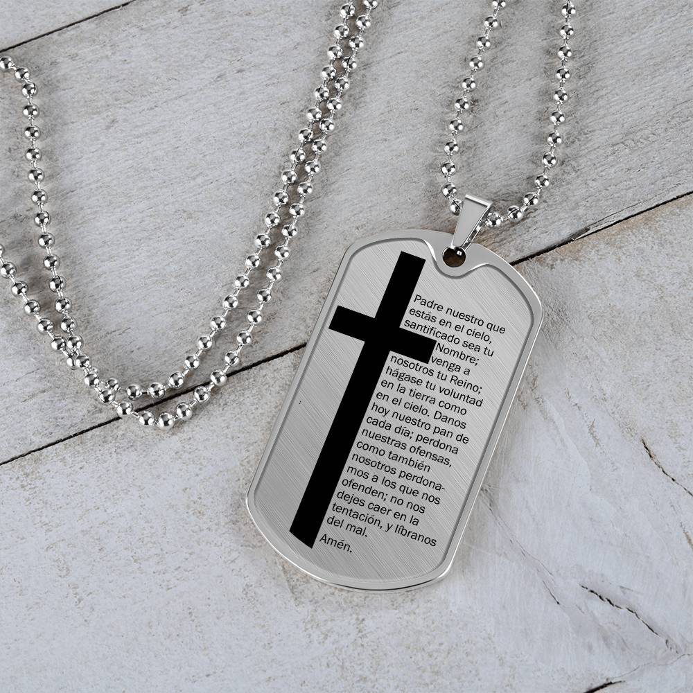 Lords Prayer Spanish Padre Nuestro Necklace Dog Tag Stainless Steel or 18k Gold w 24" Chain-Express Your Love Gifts