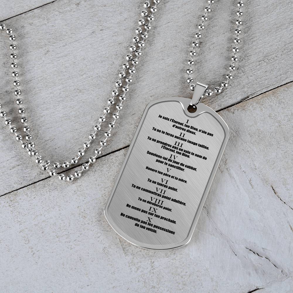 Ten Commandments French Dix Commandements Necklace Dog Tag Stainless Steel or 18k Gold w 24" Chain-Express Your Love Gifts