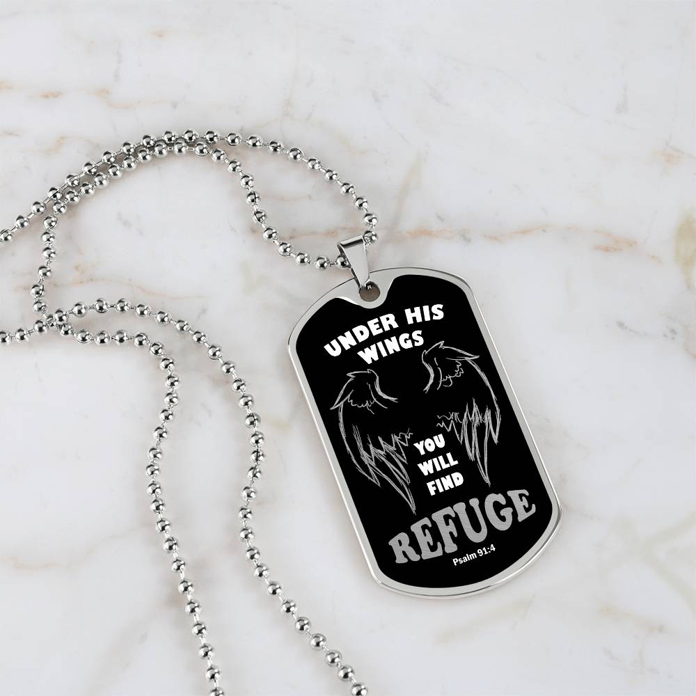 Psalm 91 Refuge Under His Wings Necklace Dog Tag Stainless Steel or 18k Gold w 24" Chain-Express Your Love Gifts
