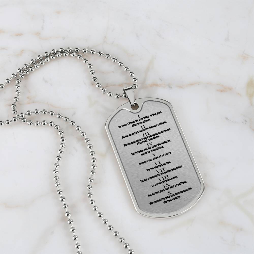 Ten Commandments French Dix Commandements Necklace Dog Tag Stainless Steel or 18k Gold w 24" Chain-Express Your Love Gifts