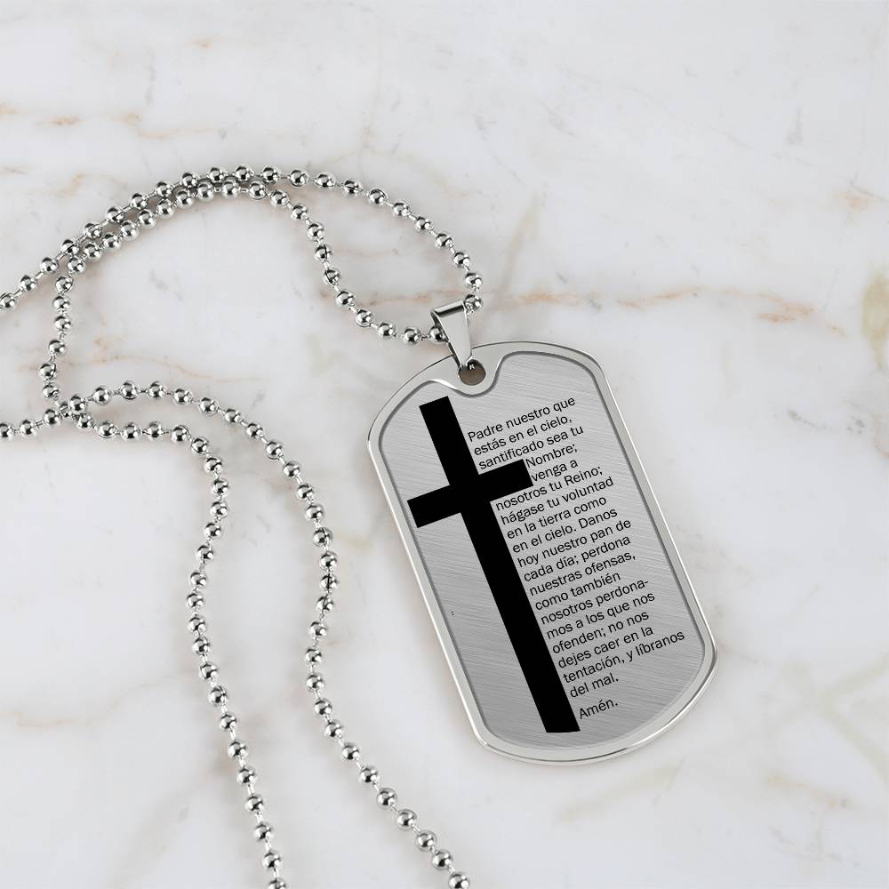 Lords Prayer Spanish Padre Nuestro Necklace Dog Tag Stainless Steel or 18k Gold w 24" Chain-Express Your Love Gifts
