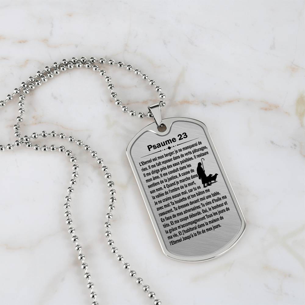 Psalm 23 French Psaume 23 Necklace Dog Tag Stainless Steel or 18k Gold w 24" Chain-Express Your Love Gifts