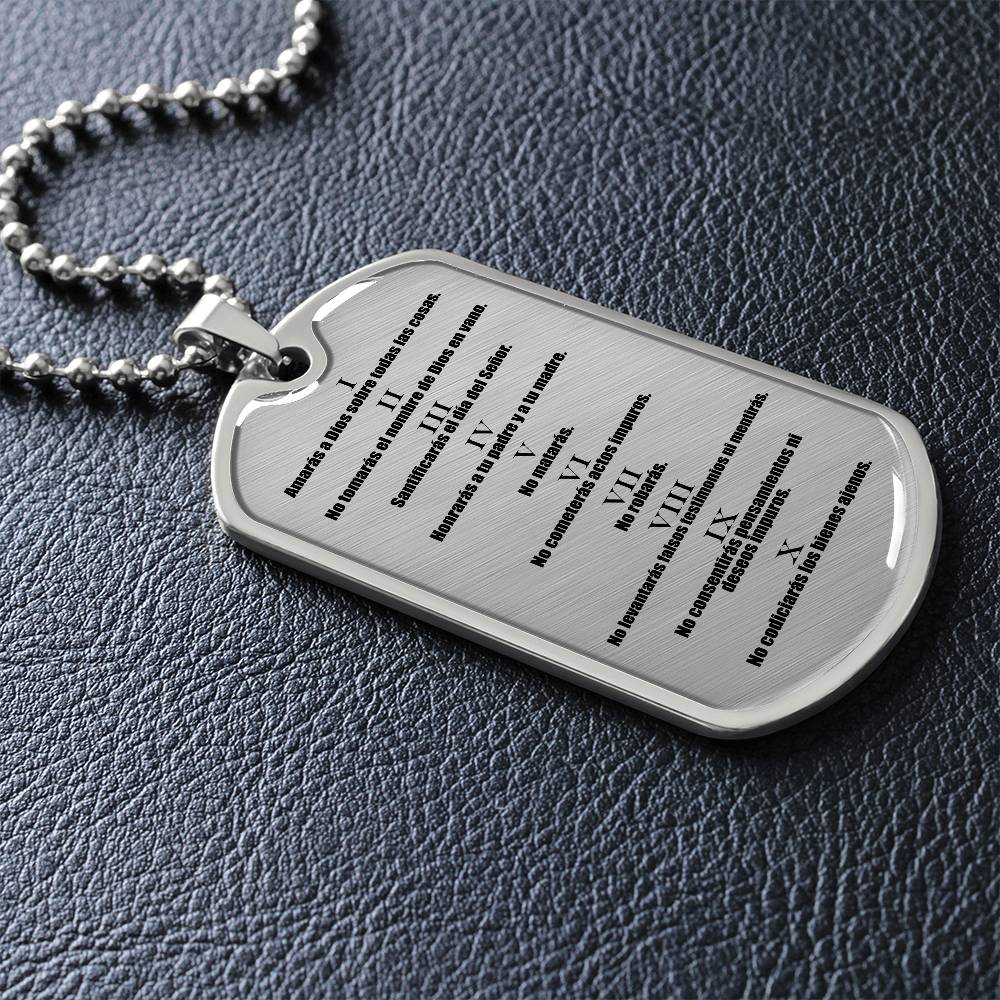 10 Commandments Spanish Clear Premium Stainless Steel or 18k Gold-Plated Dog Tag Necklace with 24" Chain