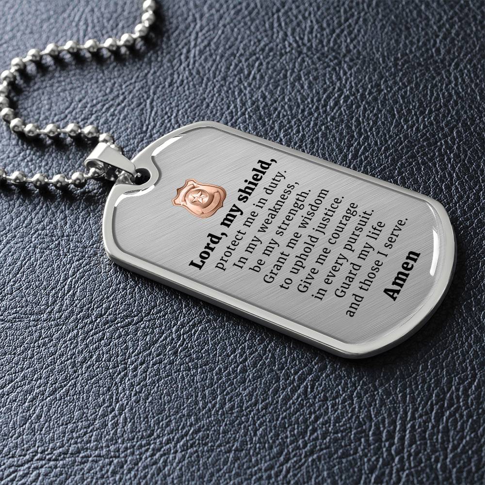 Police Prayer Badge Premium Stainless Steel or 18k Gold Dog Tag Necklace with 24" Chain