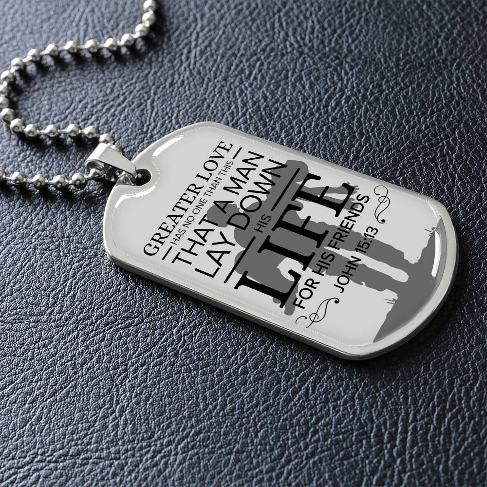 No Greater Love Soldier Premium Stainless Steel or 18k Gold Dog Tag Necklace with 24" Chain