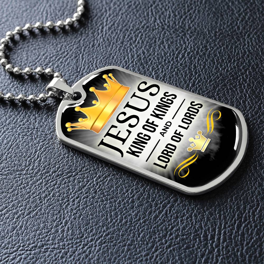 Jesus King Of Kings Premium Stainless Steel or 18k Gold Dog Tag Necklace with 24" Chain