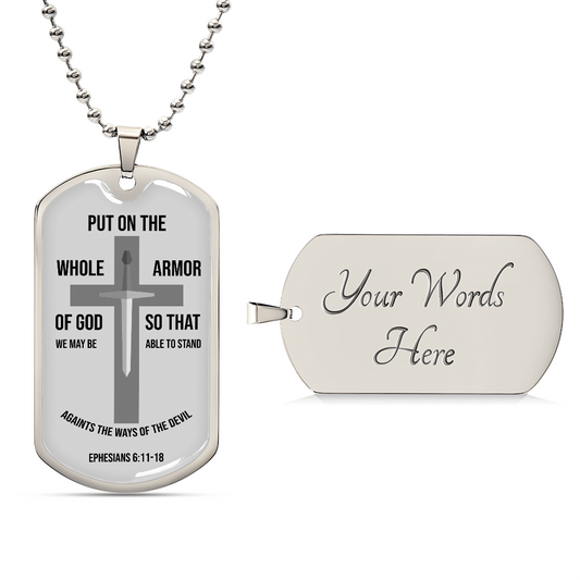 Whole Armor of God Inspirational Bible Verse Ephesians Necklace Stainless Steel or 18k Gold Dog Tag w 24" Chain
